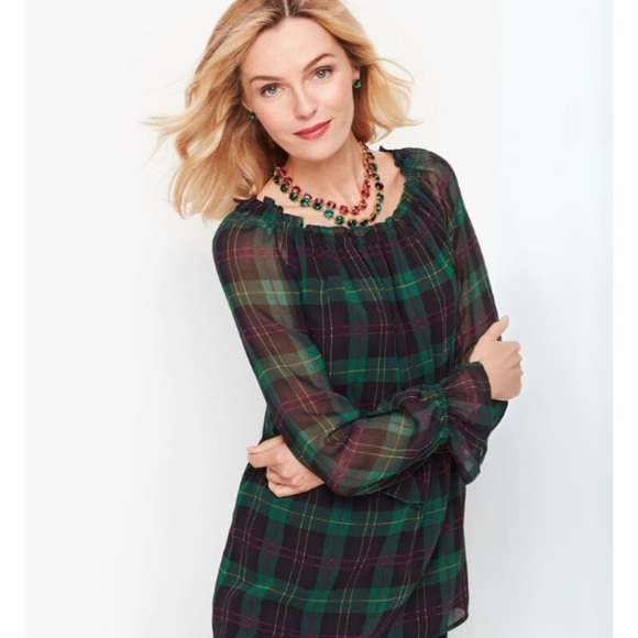 Talbots Tops - Talbots Tartan Plaid Bell Sleeve Top Women L Blouse Navy Green Ruffle Poet Sleev